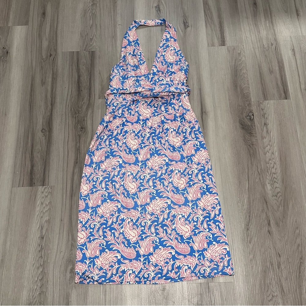 J. McLaughlin Size 10 Silk‎ Blend Blue Pink Paisley Midi Halter Dress